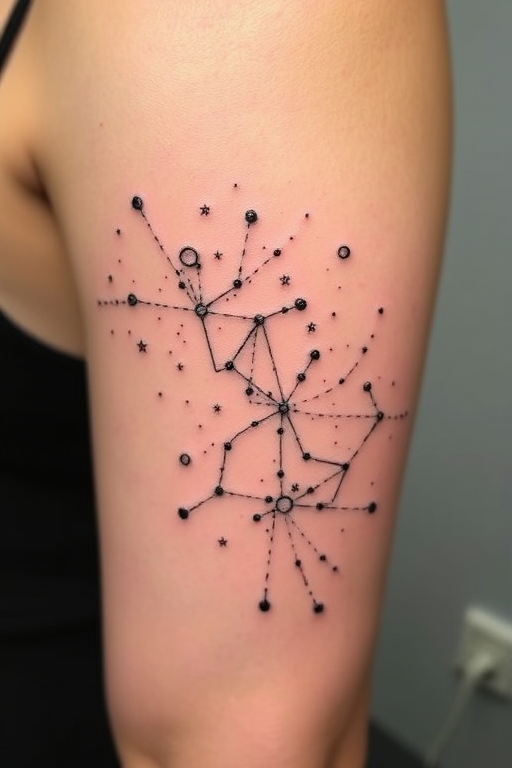 Minimalist single needle "Celestial Cartography" tattoo artwork portraying constellations galaxies and cosmic bodies using tiny precise dots and thin lines to create a subtle yet captivating star map on the skin