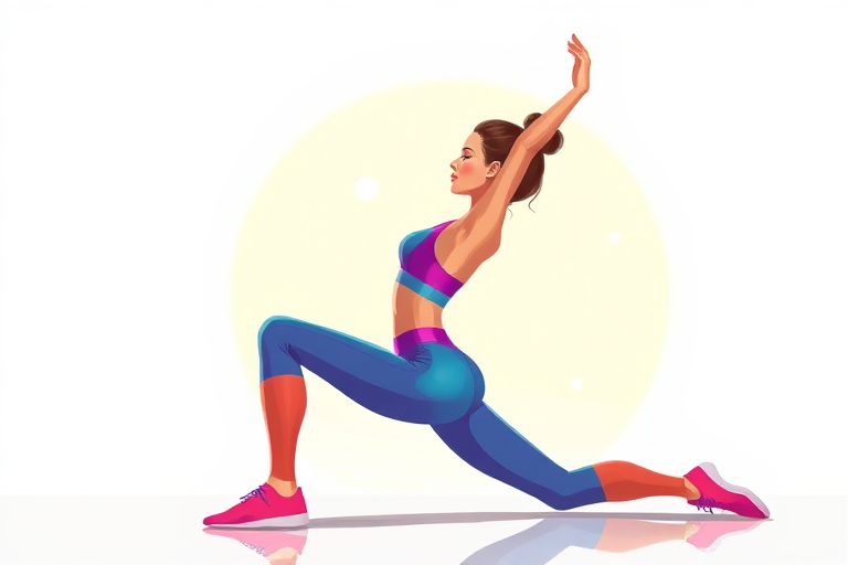 Create a digital illustration of a woman stretching in an athletic outfit, using vibrant colors and a simple background, captured with a 35mm lens at f/2.8 and ISO 200, in a soft diffused lighting environment.