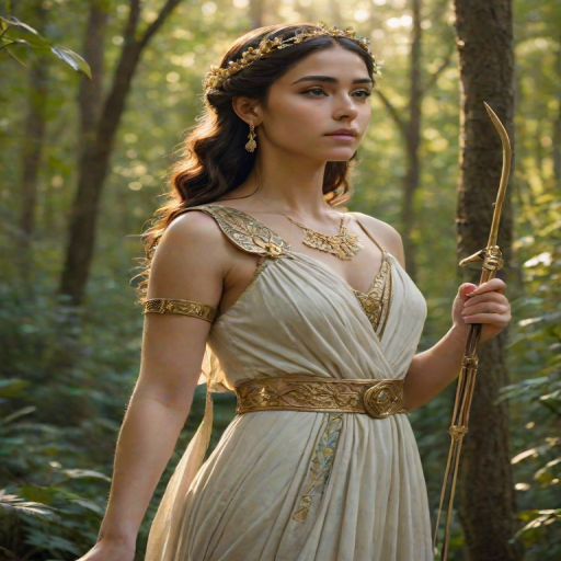 Create a portrait of a goddess-like Coptic girl figure in a tranquil, forested environment. She has an elegant appearance with long, wavy hair styled in an updo and adorned with a delicate, floral headband. She wears a flowing, ancient Greek-inspired gown in a soft, pale color, featuring a one-shoulder design and draped fabric that accentuates her graceful form. The outfit includes a decorative belt with ornate gold detailing, and she holds a bow in her hand, with a quiver of arrows slung over her shoulder. The background depicts lush greenery, with sunlight filtering through the trees, casting a gentle, ethereal light on the scene. Her expression is calm and contemplative, embodying a sense of wisdom and serenity.