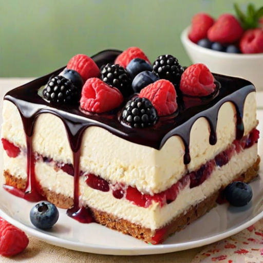 Create an image of a dessert featuring a rectangular ice cream cake layered with various berries such as raspberries, blueberries, and blackberries. The cake should be garnished with additional fresh berries and a drizzle of chocolate or syrup, displayed on a light-colored platter with a slice cut out to reveal the layers inside. The background should be simple and neutral to highlight the dessert.