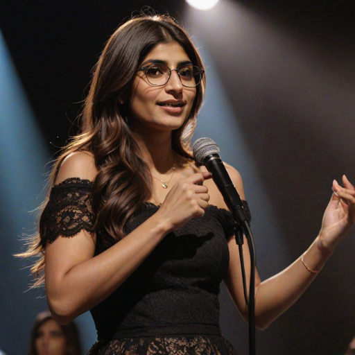 mia khalifa with long, flowing brown hair is standing in the center of the frame, holding a microphone in her right hand, and looking slightly off to the right side of the frame. She is wearing a black, off-the-shoulder dress with delicate lace detailing. The lighting is warm and dramatic, creating a spotlight effect on the singer. There are other figures in the background, blurred and out of focus, suggesting a concert or performance setting. The camera angle is low, capturing the woman from the waist up. The overall atmosphere is intimate and captivating.