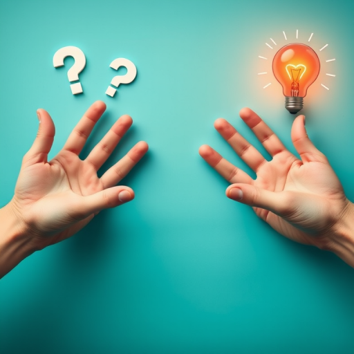 Create an image of two hands reaching out with question marks above them on one side and light bulbs above them on the other side, using a clean teal background, shot with a DSLR camera at f/2.8, ISO 100, 50mm lens, in a flat lay style for sharp detail and vibrant colors.
