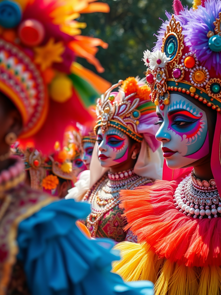 Regenerate an image of a vibrant celebration with participants in colorful costumes and elaborate makeup, captured with a Canon EOS R5, 85mm lens, f/1.8 aperture, ISO 200, 1/200s shutter speed, shallow depth of field, focused on the textures of the costumes, natural lighting highlighting the colors.