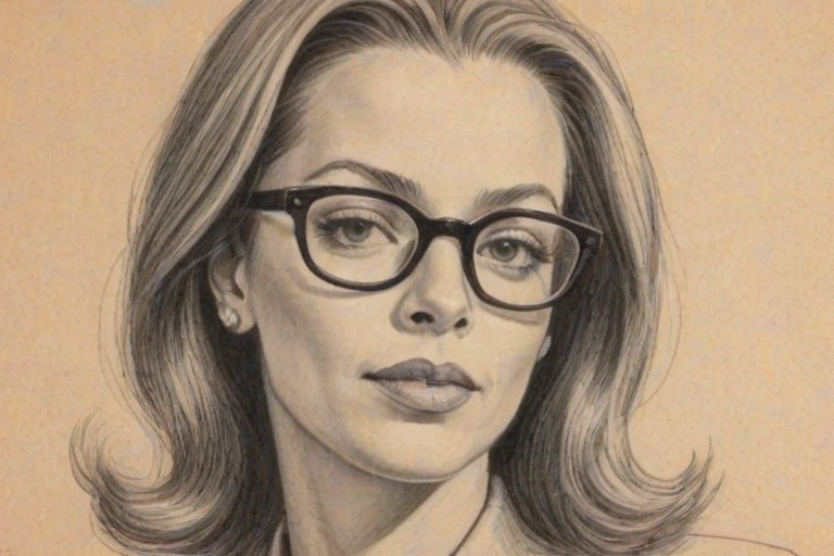 Magnificent Debra Wilson, pencil sketch, portrait of Bewitching woman 1945s in glasses, hair style beatnik, outline, clear lines, fine lines, 8k