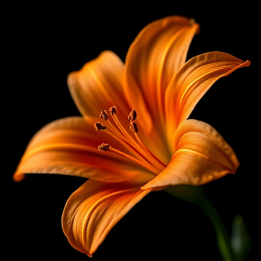 Capture a close-up of an orange lily flower against a dark background, using a macro lens at f/2.8 aperture, 50mm focal length, ISO 100, and soft diffused lighting to enhance details and colors, in a DSLR camera view with a shallow depth of field for a dreamy effect.