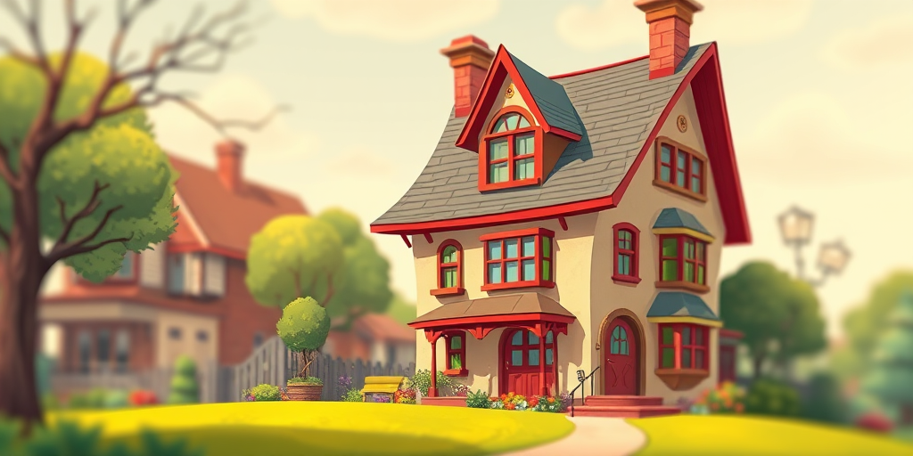 Regenerate an artistic illustration of a quirky, whimsical house with exaggerated architectural features, using a 35mm lens at f/8 aperture, with a slight tilt-shift effect, shot in a vibrant cartoon style, in high resolution.