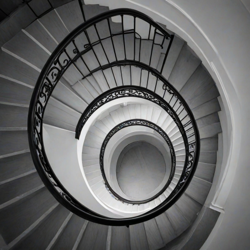 a winding staircase captured from above in black and white, showcasing the curves and shadows of the steps and railing, with a minimalistic and elegant design