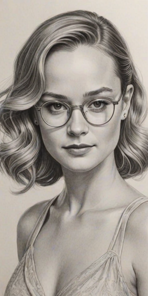 Wonderful Brie Larson, pencil sketch, portrait of Graceful woman 1930s in glasses, hair style beatnik, outline, clear lines, fine lines, 8k
