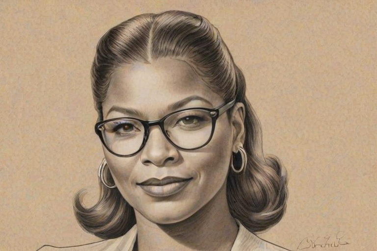Comely Queen Latifah, pencil sketch, portrait of Gorgeous woman 1935s in glasses, hair style beatnik, outline, clear lines, fine lines, 8k