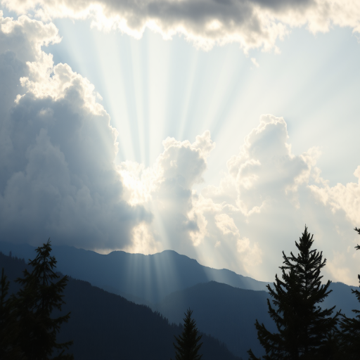 regenerate a serene mountain landscape with dramatic clouds, sunlight rays piercing through, foreground trees framing the view, shot with a DSLR camera at 24mm, f/8 aperture, ISO 200, in natural light, showing rich colors and high dynamic range.
