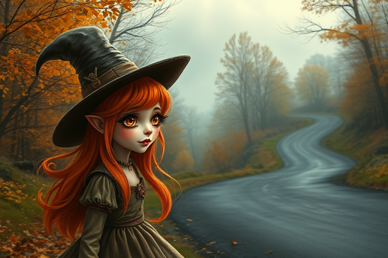 digital art fantasy depicting a strange girl with orange hair, long eyelashes, brown lipstick and a tall hat walking along a winding road on an autumn afternoon, an Oyster smiles as she passes