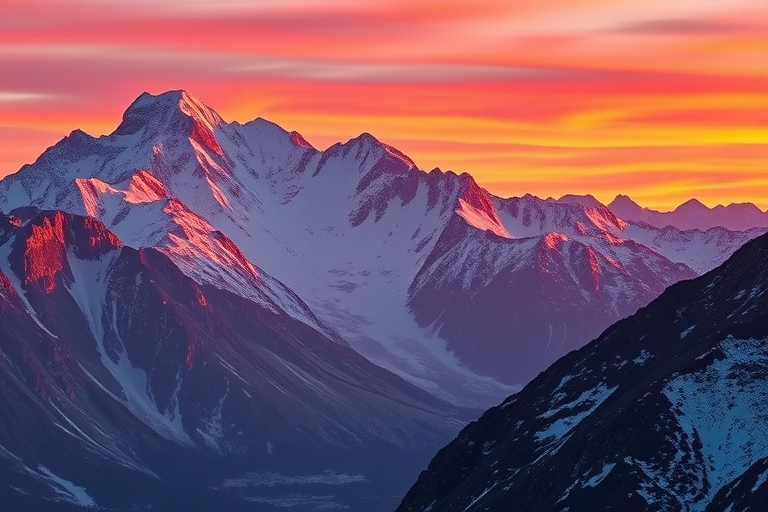 Generate a vibrant landscape image of a mountain range at sunrise, with glowing orange and pink skies reflecting off snow-capped peaks, captured with a Nikon D850, 24mm lens, aperture f/8, ISO 100, shutter speed 1/60 sec, in wide-angle view for a panoramic effect.