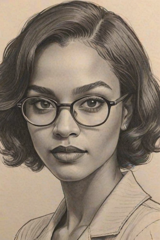 Pleasing Maisie Richardson-Sellers, pencil sketch, portrait of Dazzling woman 1928s in glasses, hair style beatnik, outline, clear lines, fine lines, 8k