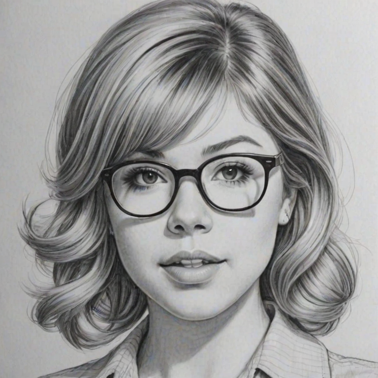Fascinating Jennette McCurdy, pencil sketch, portrait of Alluring woman 1955s in glasses, hair style beatnik, outline, clear lines, fine lines, 8k