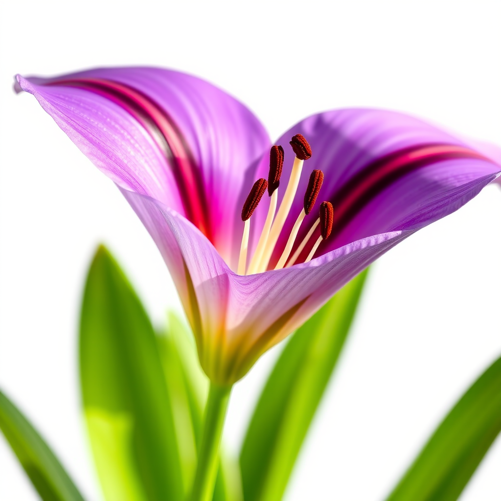 Create a detailed illustration of a purple lily flower on a white background, using a macro lens with a shallow depth of field, f/2.8 aperture, 50mm focal length, natural lighting from the side, and a professional DSLR camera setup for enhanced clarity and vibrancy.