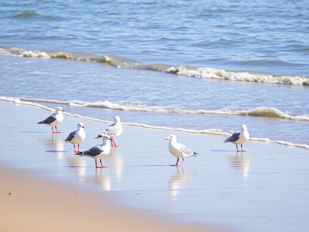 seagulls on the beach at low tide with gentle waves lapping at the shore, shallow depth of field, aperture f/4, shutter speed 1/500s, ISO 200, taken with a DSLR camera in natural light, landscape orientation