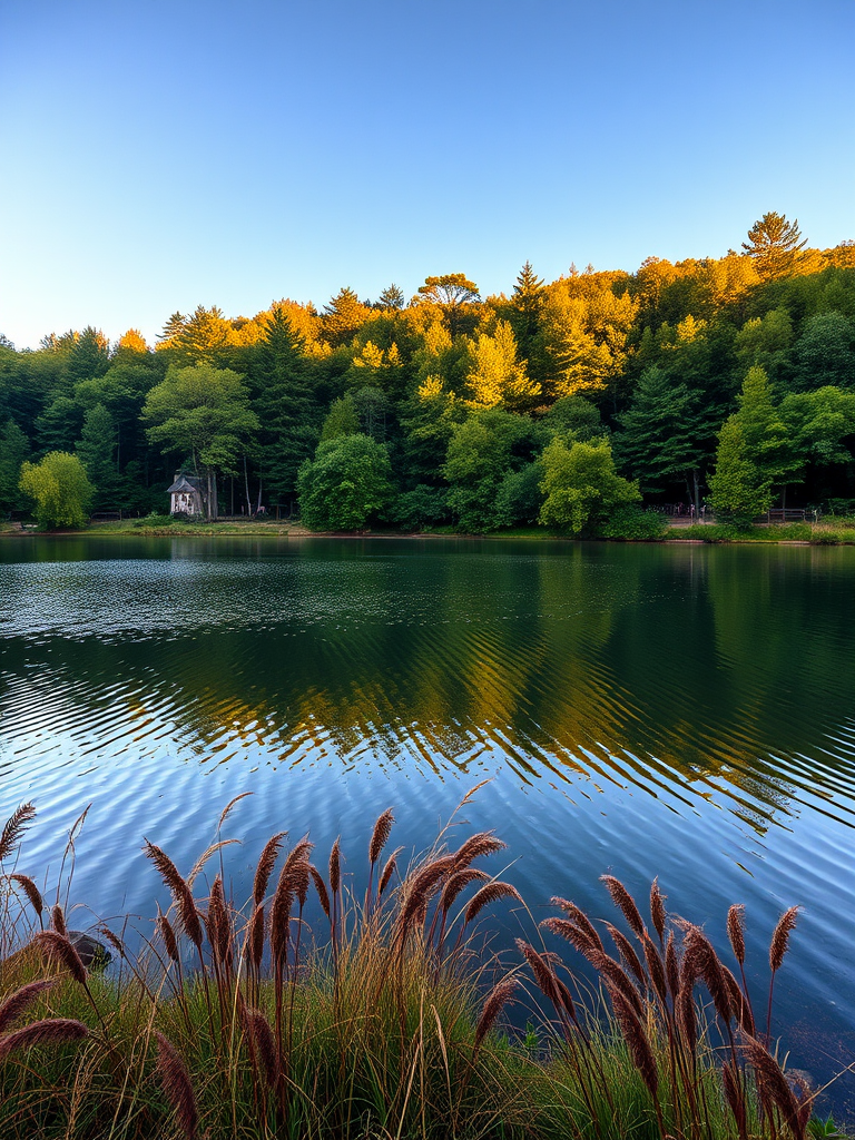 Create an image of a serene landscape featuring a tranquil lake surrounded by lush green trees, captured with a Canon EOS R5, 24mm lens, f/8 aperture, ISO 100, golden hour lighting, with a focus on vibrant colors and high detail.