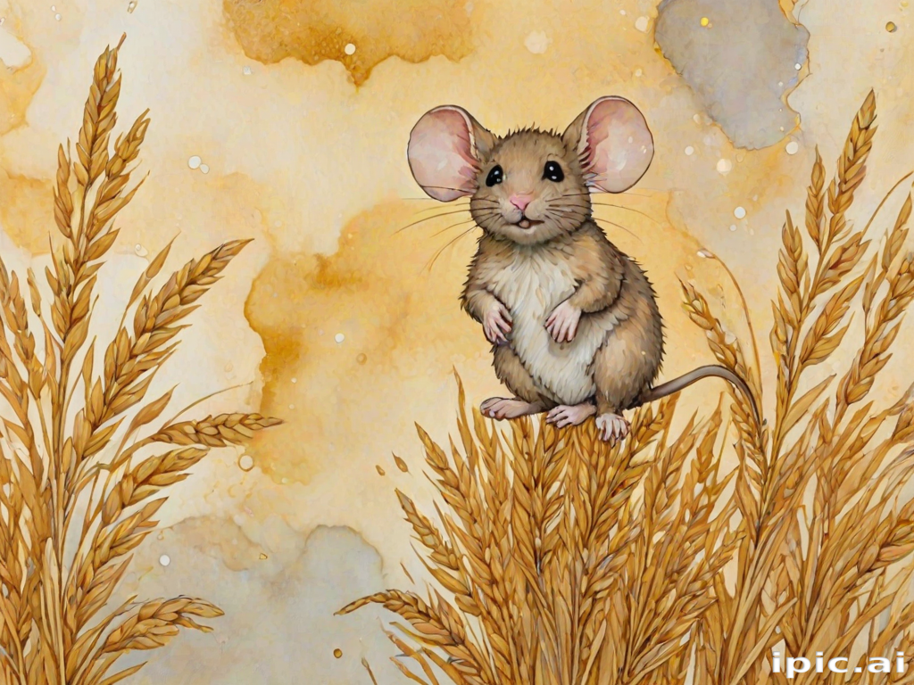 Soft, muted Alcohol Ink with ebru effect background image of tiny whimsical mousey, who climbed high on the top of a golden rye ear.