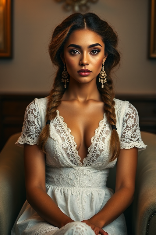 Create a portrait of a refined and elegant woman seated in a sophisticated setting. She has long, wavy hair styled in two thick braids that are pulled over her shoulders. She wears a white, lace gown with intricate patterns, featuring a deep V-neckline and short sleeves. The dress exudes a vintage charm with its delicate lacework. She is adorned with ornate, dangling earrings that add a touch of glamour to her appearance. The background is softly lit, with warm, ambient lighting that creates a cozy and inviting atmosphere. Her expression is poised and serene, capturing a sense of grace and elegance.