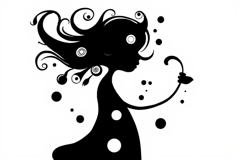 create an artistic silhouette of a whimsical character with dynamic curves and intricate circular patterns, featuring a flowing hair design and playful elements in monochrome colors