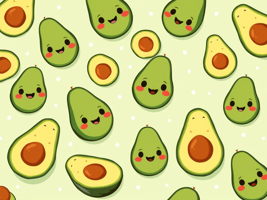 Cute cartoon avocados with smiling faces and pits scattered across a light green background with small white dots. Some avocados are whole, some are halved, and a few are slices, all showcasing expressive faces.
