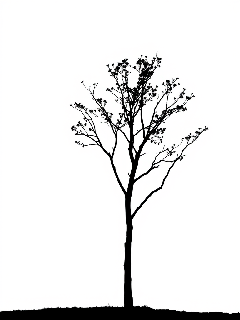 Create a high-resolution image of a minimalist black silhouette of a tree against a white background, using a DSLR camera with a 50mm lens, an aperture of f/2.8, a shutter speed of 1/100s, and ISO 100, captured from a slightly elevated angle to enhance depth.