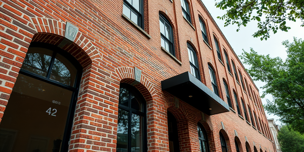 modern brick building exterior, low angle view, wide-angle lens, f/8 aperture, 1/125 sec shutter speed, ISO 200, soft natural lighting, HDR photography, high-resolution digital image