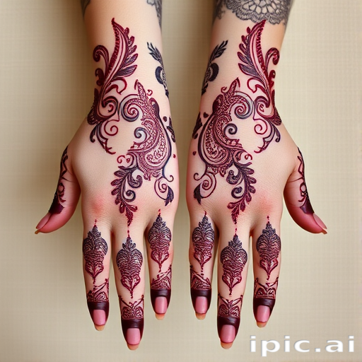 Empowering body tattoo featuring intricate henna-inspired patterns adorning the hands and forearms, rendered in rich burgundy ink with delicate swirls