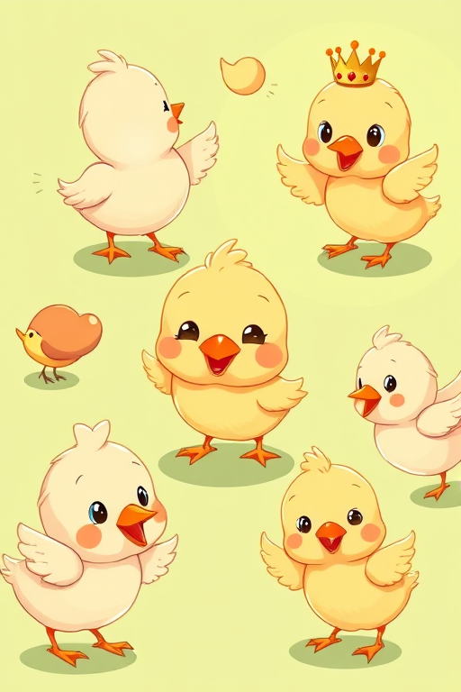 Create a vibrant illustration of cartoon chicks in various playful poses, including a chick with a crown, on a bright green background with soft shadows, using a digital drawing style; settings: 300 DPI, view: close-up, type: digital tablet illustration.