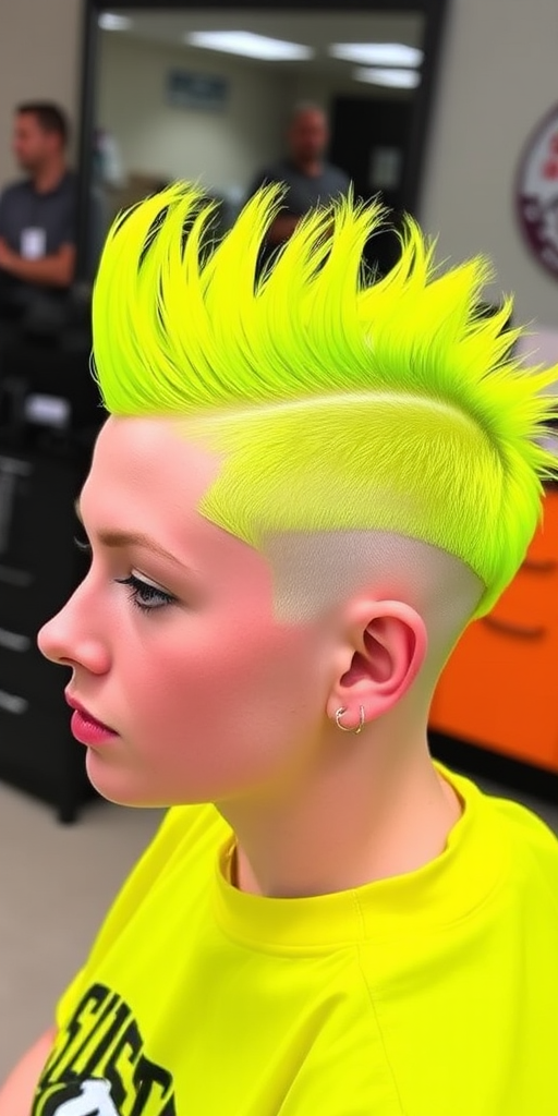 Fierce neon yellow mohawk fade dubbed Electric Shock boasting a vibrant shock of color gradually transitioning into closely buzzed platinum sides creating a bold and energetic statement