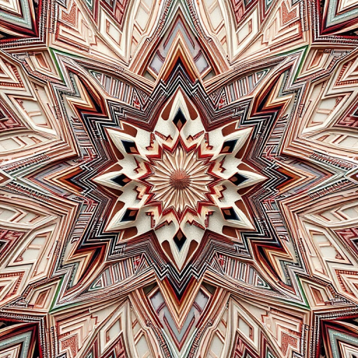 Create a high-resolution geometric pattern featuring intricate lines and layers in muted colors, captured with a DSLR camera at f/8 aperture, ISO 100, and a focal length of 50mm, using soft diffused lighting from a top view angle.