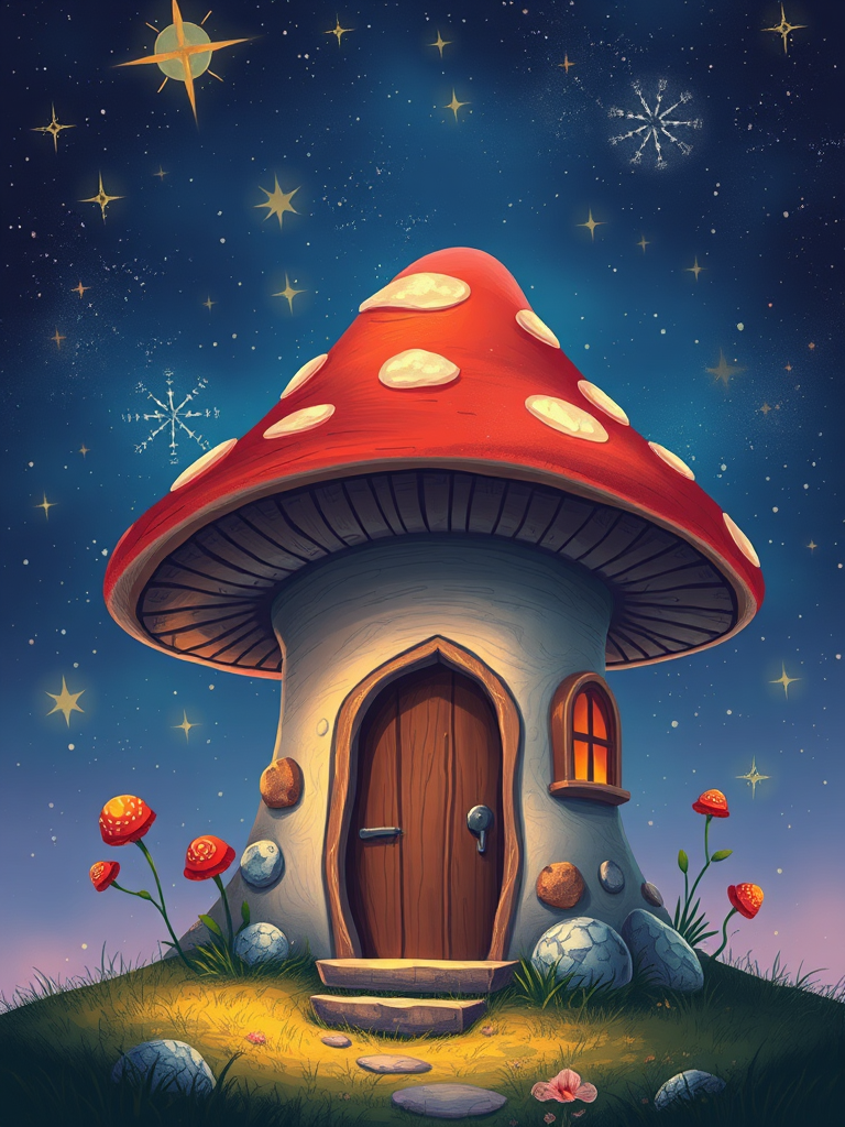 generate illustration of a mushroom house with a door and a window, a storybook , fantasy art, mushroom house, bg starry sky, sparkles