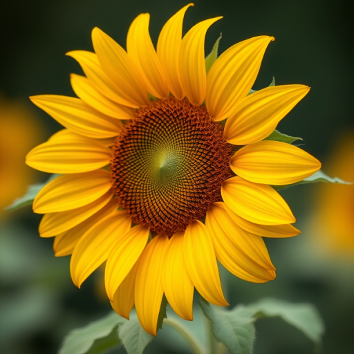 sunflower portrait shot, f/2.8 aperture, ISO 100, 1/500 sec shutter speed, soft focus background, natural light, DSLR camera with a macro lens, slightly tilted angle to emphasize petals