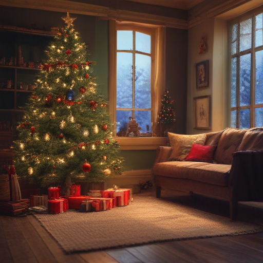A Cozy Living Room Decorated for Christmas with a Beautiful Tree and Gifts.