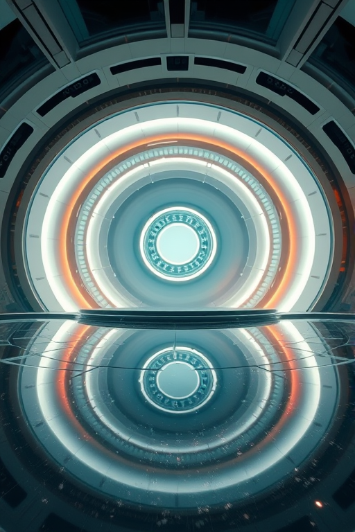 Modern futuristic abstract design with circular patterns, high contrast, glowing elements, reflective water surface, captured with a DSLR camera at f/8 aperture, ISO 100, 24mm lens, panoramic view, and HDR style.