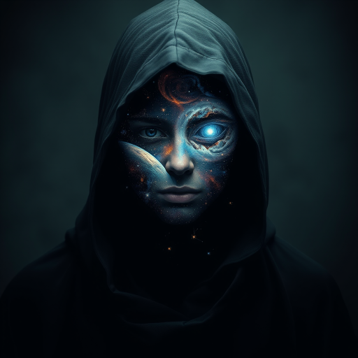 A mysterious hooded figure stands silently, the dark cloak flowing around them like shadows. Beneath the hood, their face is a mesmerizing cosmic scene where swirling galaxies, radiant stars, and vibrant planets form the features. Nebulas drift where eyes should be, glowing softly, while delicate streaks of cosmic energy trace the outlines of a nose and lips. Comets streak across the vastness of their face, and faint constellations pulse with life. The entire visage shifts and evolves as if the universe itself is contained within the figure, giving an ethereal, otherworldly presence to their form.