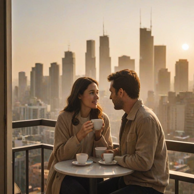 Warmly lit, intimate photo of a couple sharing a cup of coffee on a balcony at sunrise, soft golden light streaming over the cityscape below, with distant skyscrapers barely visible through the morning mist.