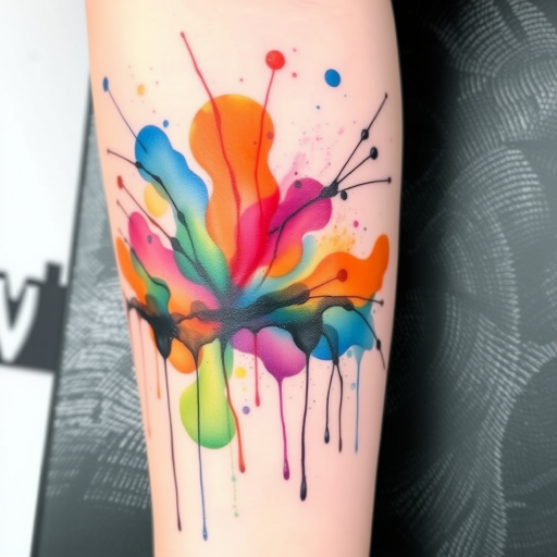 Abstract watercolor tattoo showcasing splashes and drips of vibrant pigments, creating a dreamlike landscape with subtle hints of recognizable forms emerging from the colorful chaos