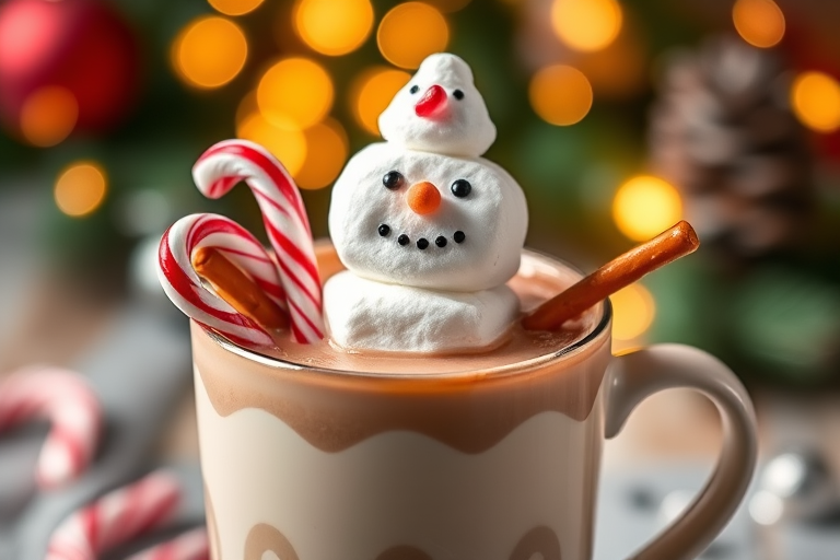 Generate an image of a festive hot chocolate topped with marshmallows shaped like a snowman, complete with a candy cane and pretzel sticks as arms. The background should feature blurred Christmas lights and a cozy holiday atmosphere.