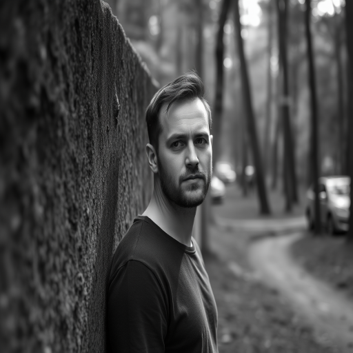 regenerate a portrait of a man leaning against a textured wall in a forested area, soft natural light, ISO 200, shutter speed 1/100s, aperture f/2.8, 50mm lens, shallow depth of field, black and white photography