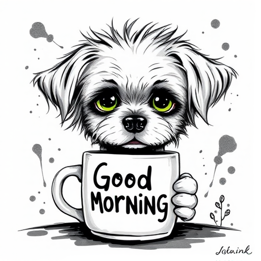 A quirky, artistic illustration of a disheveled peekapoo dog breed with exaggerated, large eyes and spiky fur, holding a coffee mug that reads "Good Morning". The dog has a tired but humorous expression, with ink splatters and abstract details surrounding it, giving a whimsical feel to the image. The color palette is mostly monochrome with hints of green in the eyes and steam rising from the mug, enhancing the overall sleepy vibe
