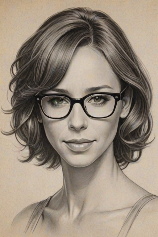 Magnificent Jennifer Love Hewitt, pencil sketch, portrait of Pleasing woman 1930s in glasses, hair style beatnik, outline, clear lines, fine lines, 8k