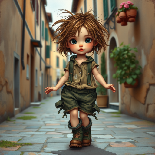 Whimsical little 3-year-old girl wearing scruffy tomboy clothes, boots, messy hair heavily blushed cheeks, pink lips, closely dancing in the street of an Italian village,Textured painterly fantasy artistic mixed media
