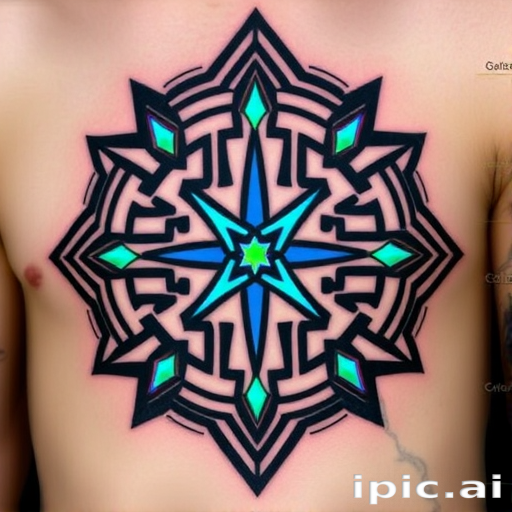 Striking "Neo-Tribal Fusion" tattoo combines traditional Polynesian patterns with futuristic geometric elements. Bold black lines form intricate maze-like designs, interspersed with electric blue and neon green accents. This modern take on tribal art features sharp angles and symmetrical shapes, creating a dynamic and visually captivating piece that seamlessly blends ancient and contemporary aesthetics.