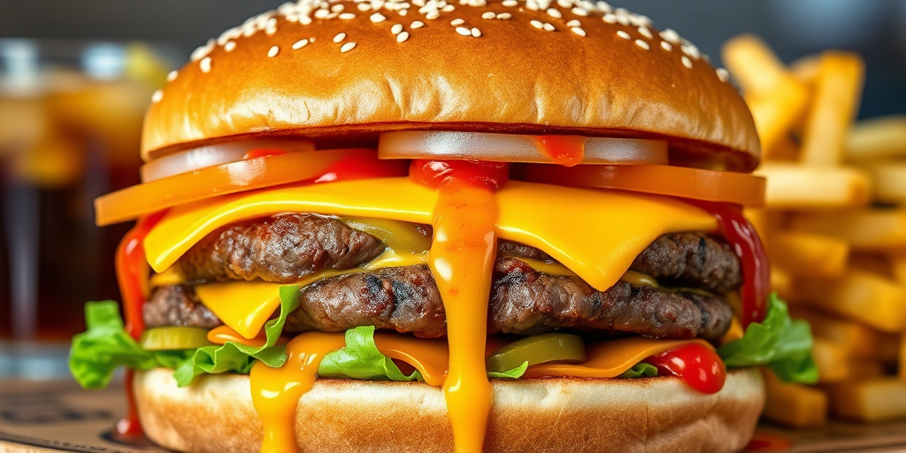 High-resolution, close-up image of a gourmet double cheeseburger. The burger features a glossy, sesame-seed-topped brioche bun. Inside, there are two thick, juicy beef patties, each topped with melted cheddar cheese. The burger is garnished with fresh lettuce, tomato slices, diced onions, and pickles. A generous amount of ketchup and a creamy, orange-colored sauce is dripping down the sides, adding to the mouth-watering appeal. In the background, there are blurred elements including a side of golden French fries and a hint of a beverage, enhancing the overall presentation of a delicious meal.