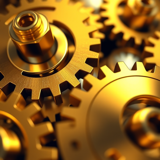 high-quality 3D render of interconnected metallic gears with a shiny gold finish and reflections, soft lighting, focus on depth of field, camera angle from a low perspective, aperture f/8, ISO 100, shutter speed 1/125 sec, DSLR camera