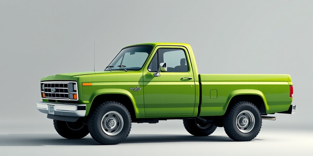 Create a high-resolution vector illustration of a side view of a green pickup truck with a simple design, soft lighting, shot with a Canon EOS R5 at f/8, 1/200s, ISO 100 for sharp details and vibrant colors.