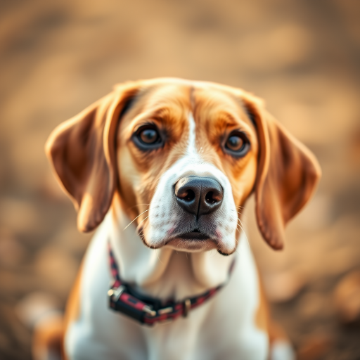 Beagle dog portrait with soft focus background, shallow depth of field, natural light, ISO 100, f/1.8, 85mm lens, DSLR camera, eye-level angle, warm tones.