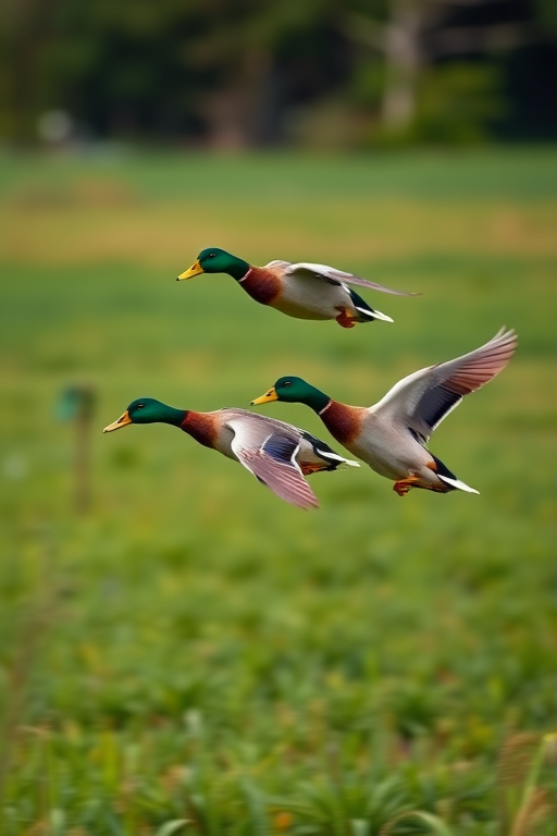 Capture a dynamic shot of two mallard ducks in mid-flight over a lush green field, using a DSLR camera with a 200mm lens, aperture set to f/4 for shallow depth of field, shutter speed at 1/1000s for sharp motion, and ISO 400 for optimal light sensitivity.