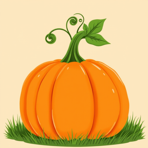 Create an illustration of a large vibrant orange pumpkin with a curly green stem and green leaves on top sitting on a patch of grass against a soft beige background.